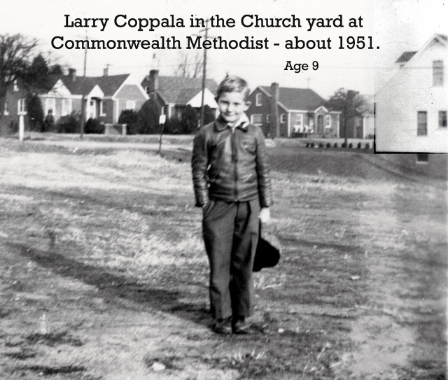 Larry Coppala in the church yard of Commonwealth Methodist about 1951 age 9.