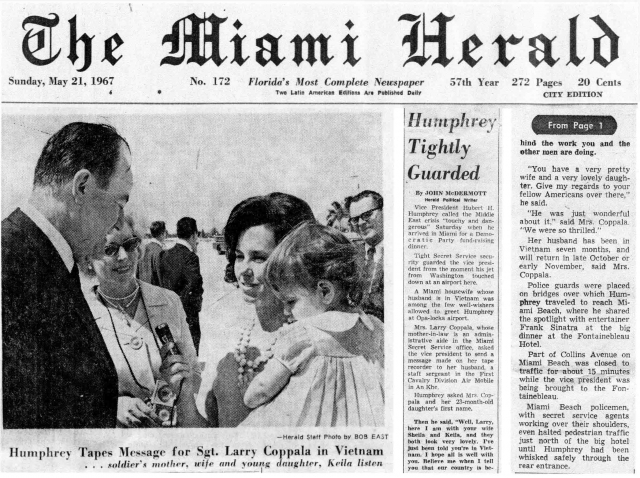 Vice President Humphrey tapes a message for Sgt. Larry Coppala in Vietnam.  Soldiers mother, wife and daughter, Keila listen.  Picture was in the The Miami Herald on Sunday May, 21, 1967.